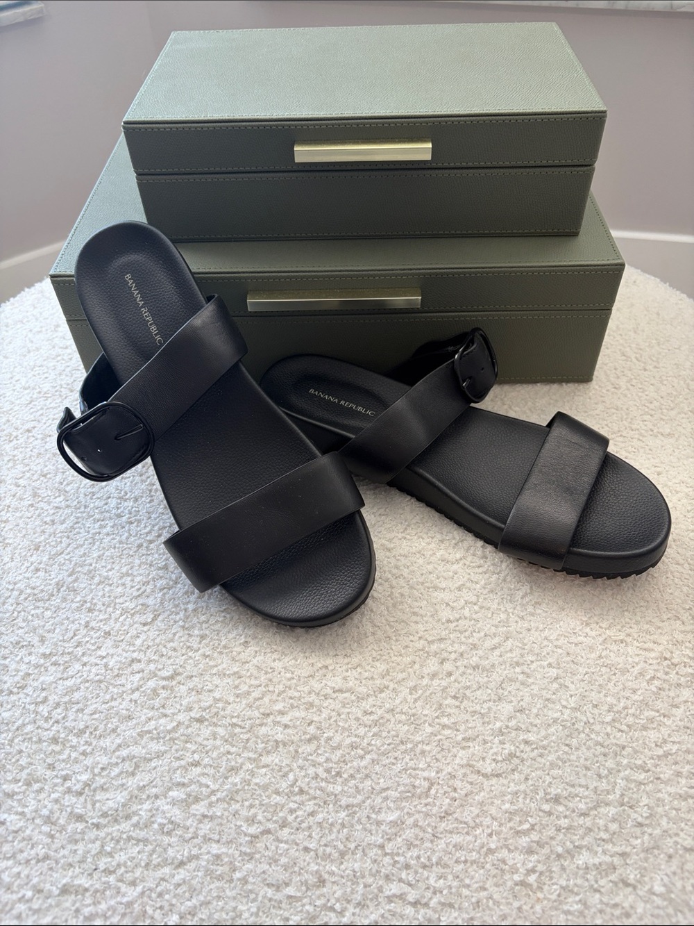 Banana Republic Black Double-Strap Buckle Slide Sandals